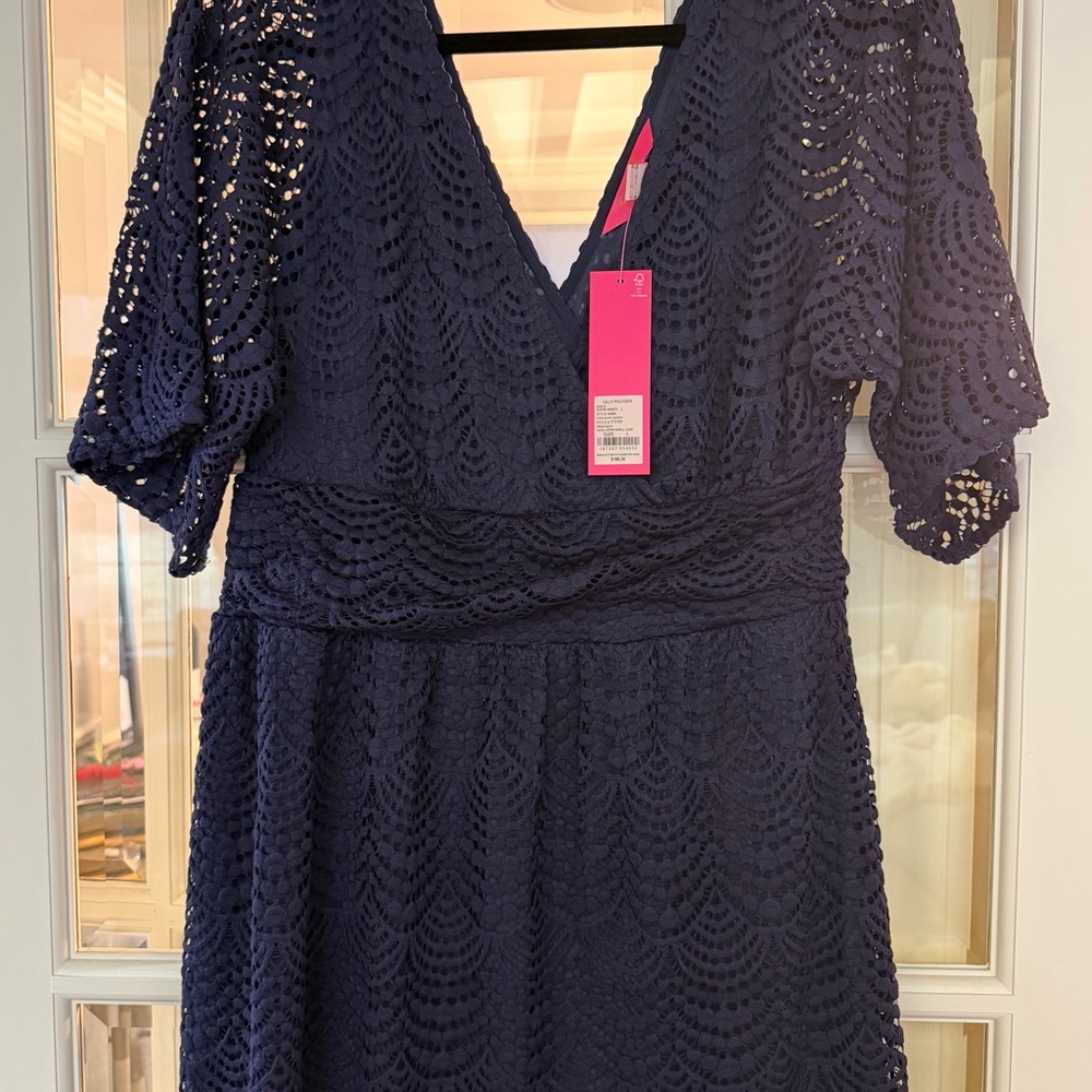 Lilly Pulitzer True Navy Scallop Lace Parigi Skort Romper Dress Large 10 12 NWT